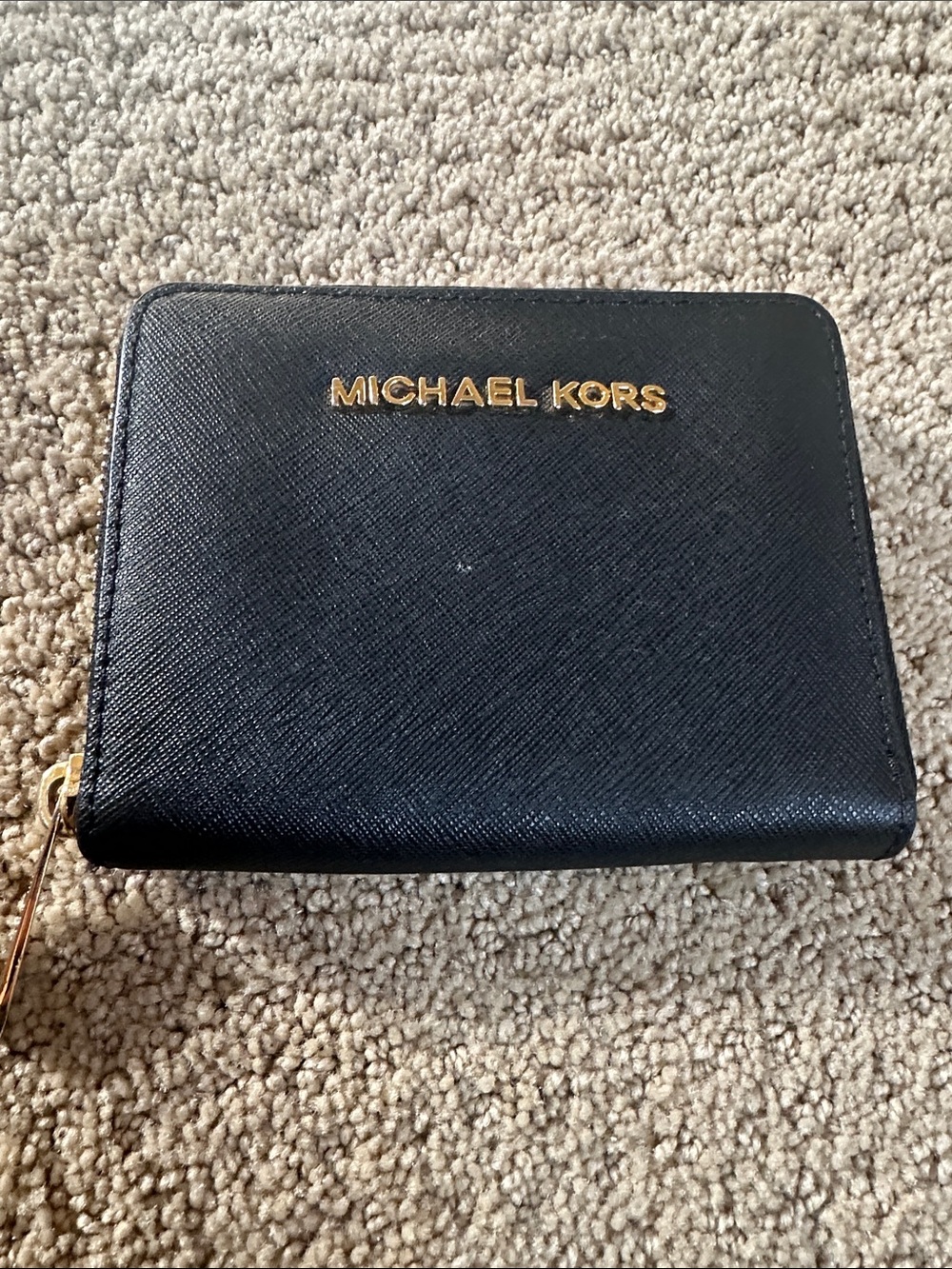Michael Kors Black Zip-Around Saffiano Compact Wallet with Gold Hardware